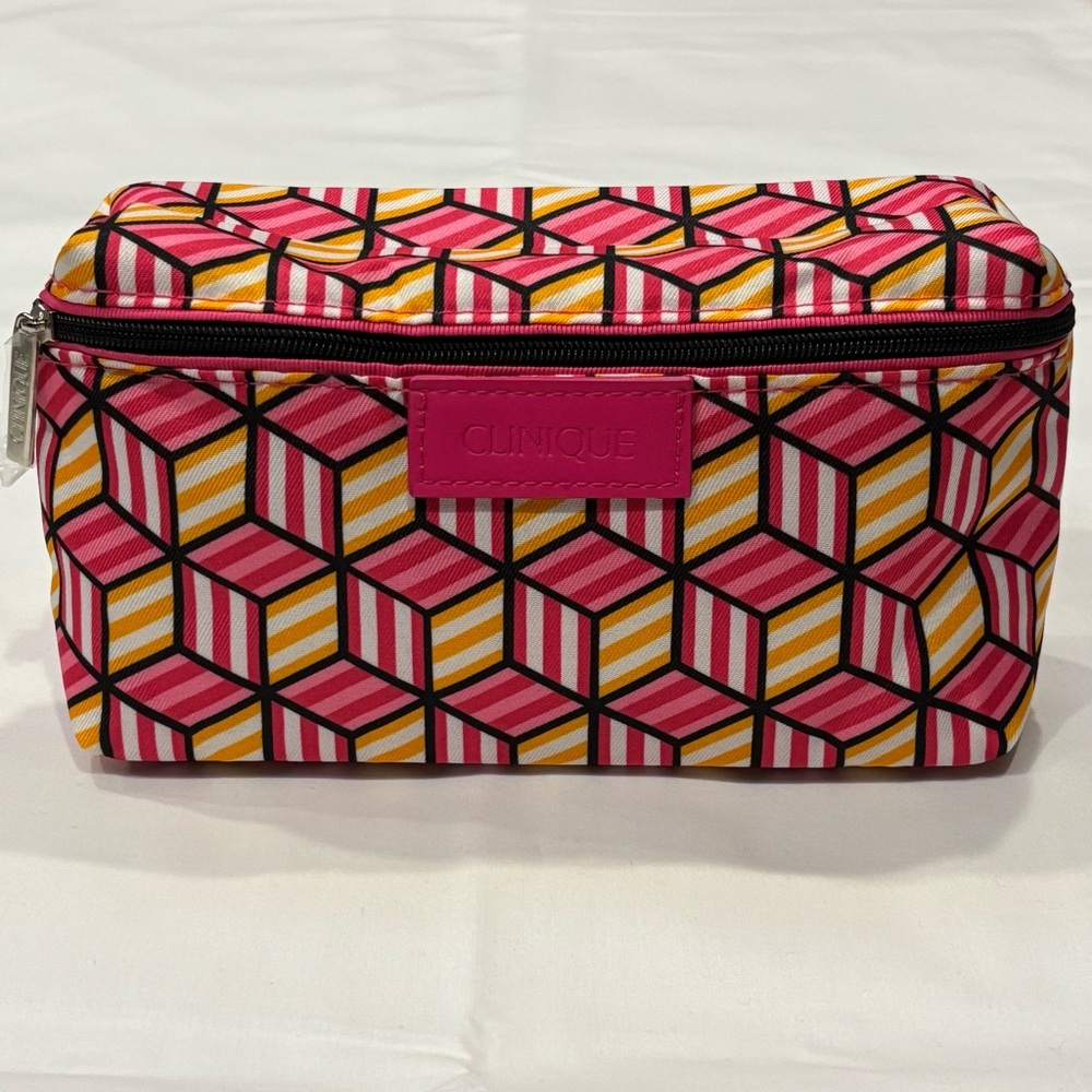 Clinique Cosmetic Makeup Bag Pink Yellow Black Geometric Cube Pattern NEW